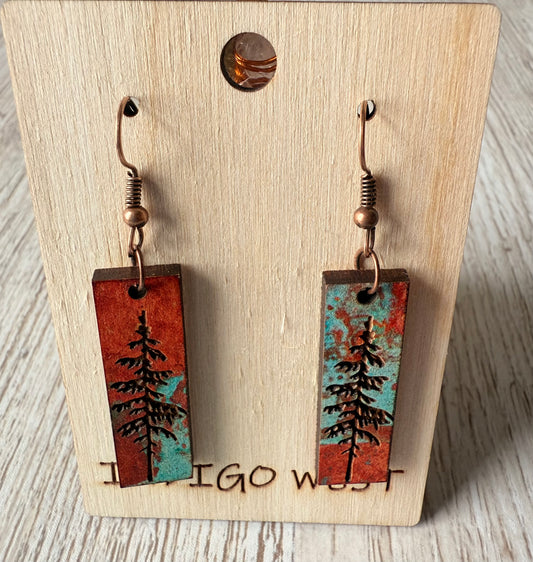 Rustic Spirit Tree Earrings- Rust & Mint Green