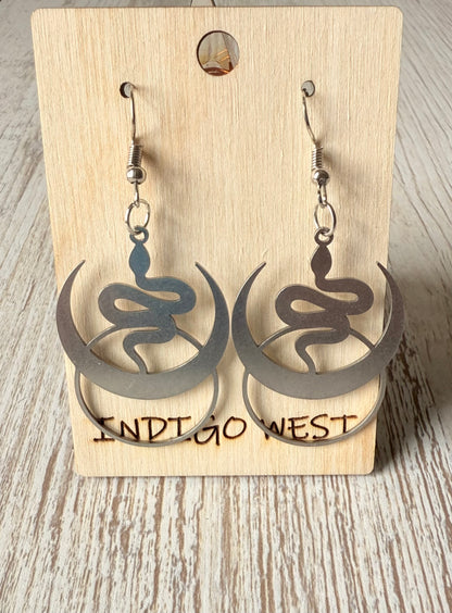 Serpent Moon Earrings – Brushed Steel Boho Statement