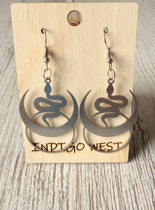 Serpent Moon Earrings – Brushed Steel Boho Statement