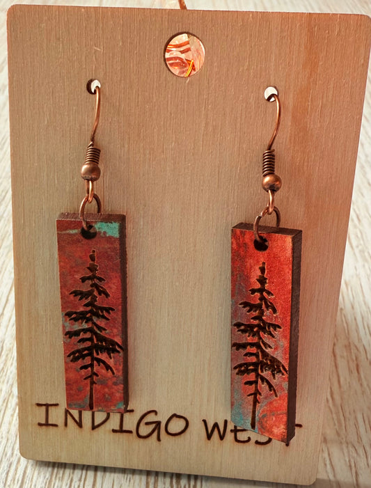 Rustic Spirit Tree Earrings- Mostly Rust Color/Little Mint Green