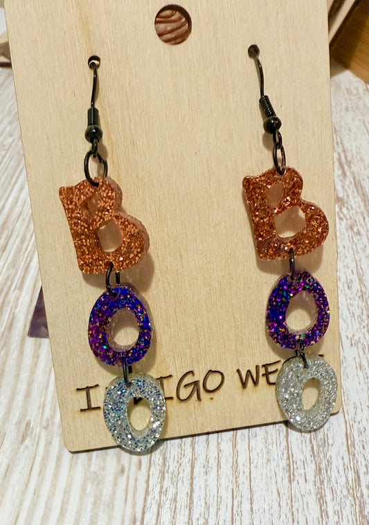 Glitter “BOO” Halloween Dangle Earrings – Hypoallergenic Spooky Statement Jewelry 👻