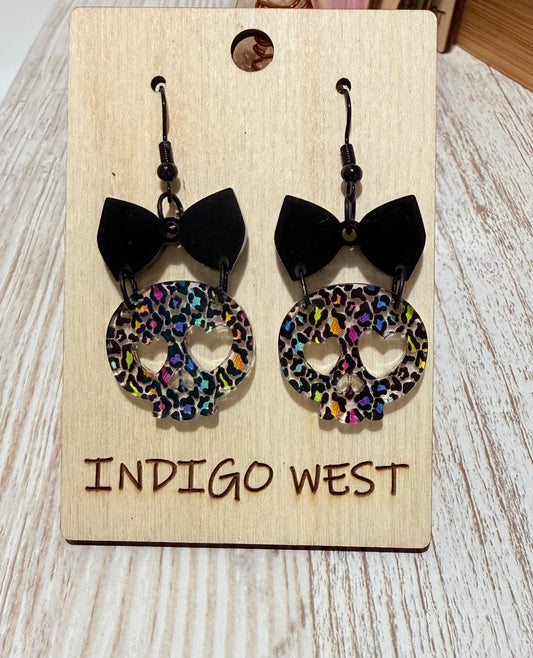 Leopard Skull & Bow Dangle Earrings-Hypoallergenic Halloween Statement Jewelr💀