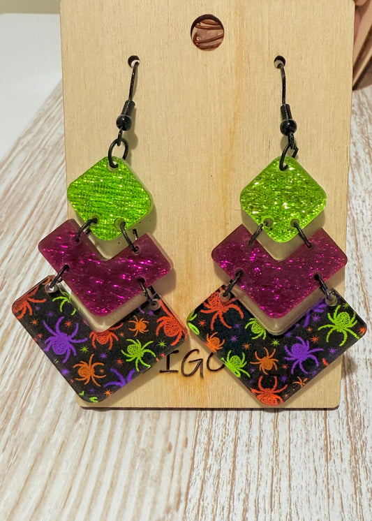 Neon Spider Web Layered Dangle Earrings – Hypoallergenic Halloween Statement Jewelry 🕷️