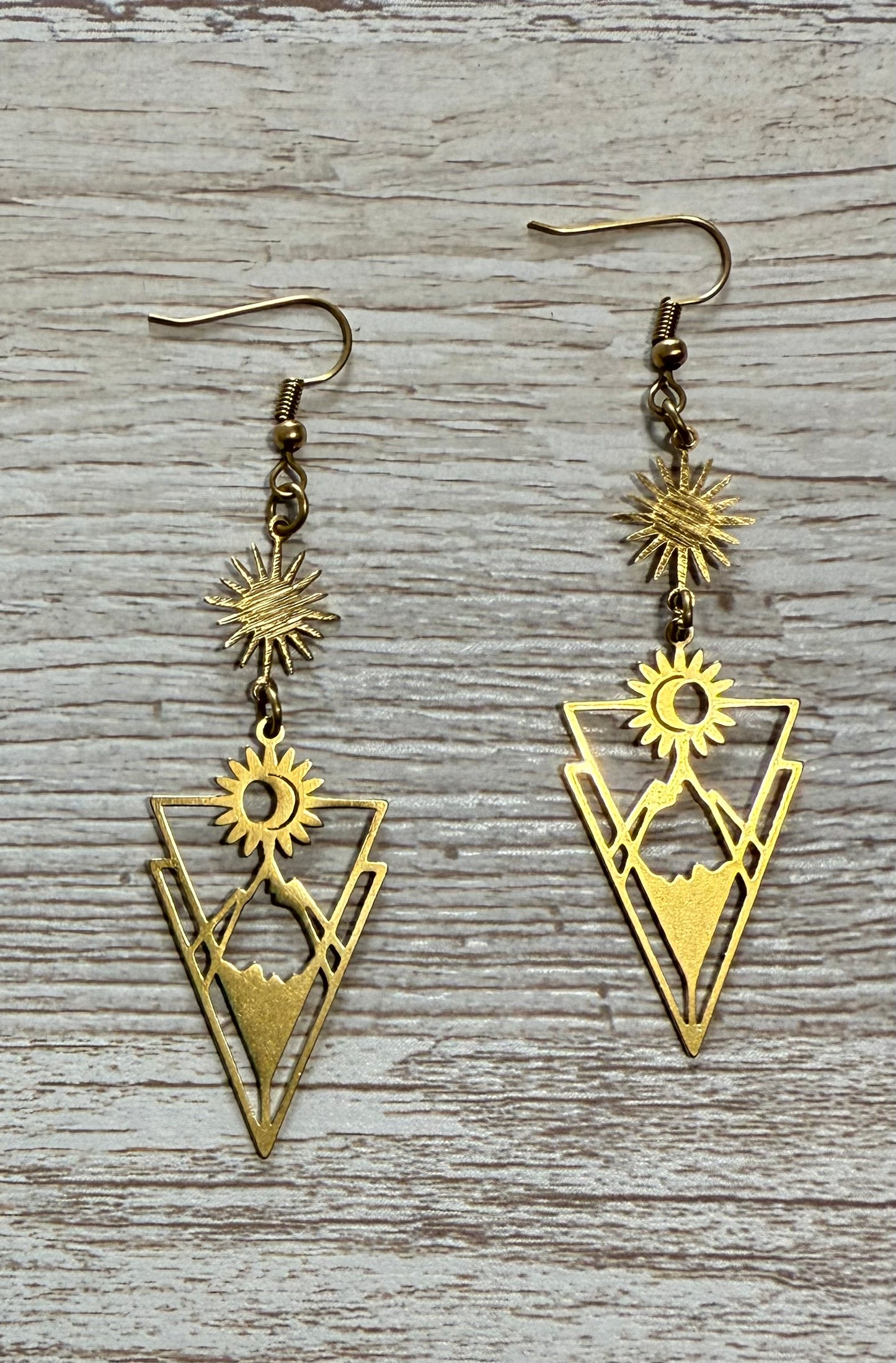 Sun & Mountain Geometric Dangle Earrings – Raw Brass