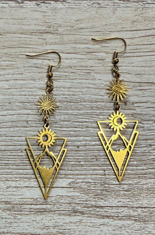 Sun & Mountain Geometric Dangle Earrings – Raw Brass