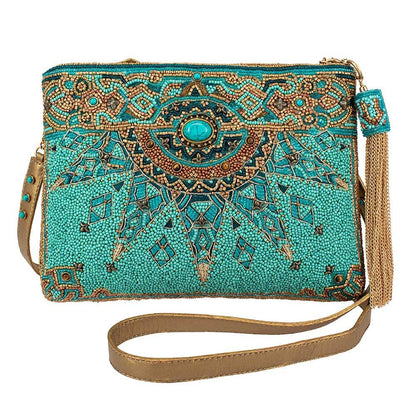 New Day Beaded Mosaic Themed Crossbody Leather Handbag