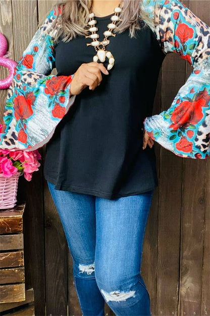 GJQ15193 Multi color printed &raglan long bell sleeve women: 3XL