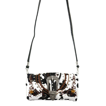 Cow Print Western Leather Buckle Crossbody Wallet: Black