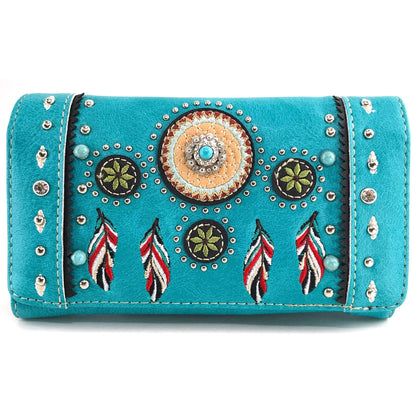 Embroidered Dream Catcher Native Feathers Crossbody Wallet: Brown