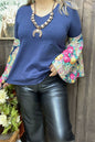 GJQ12917 Blue women blouse w/floral printed bell long sleeve: 3XL