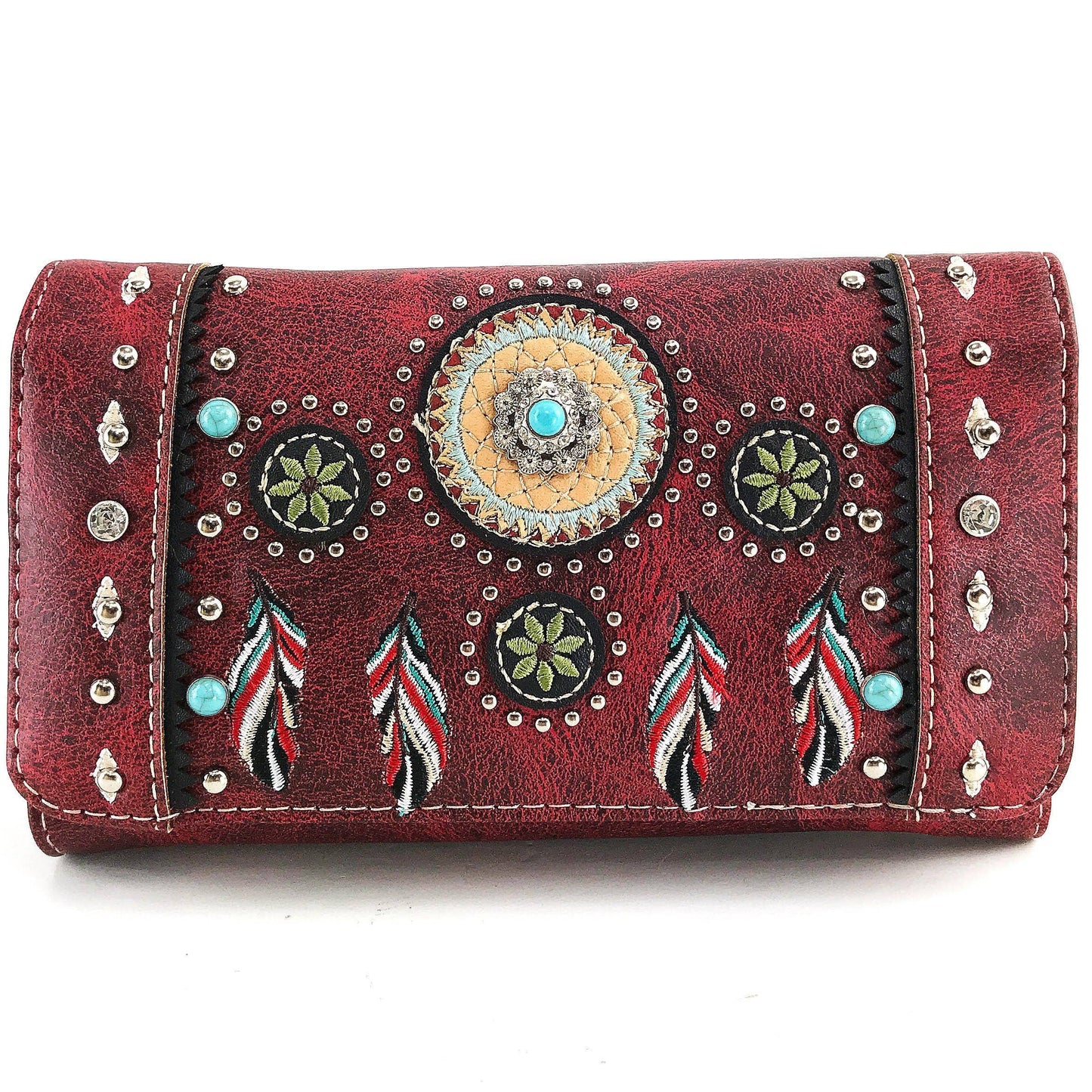 Embroidered Dream Catcher Native Feathers Crossbody Wallet: Brown
