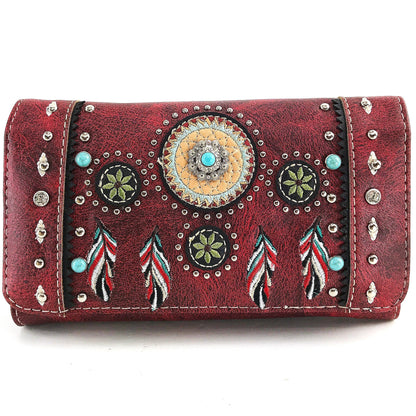 Embroidered Dream Catcher Native Feathers Crossbody Wallet: Brown