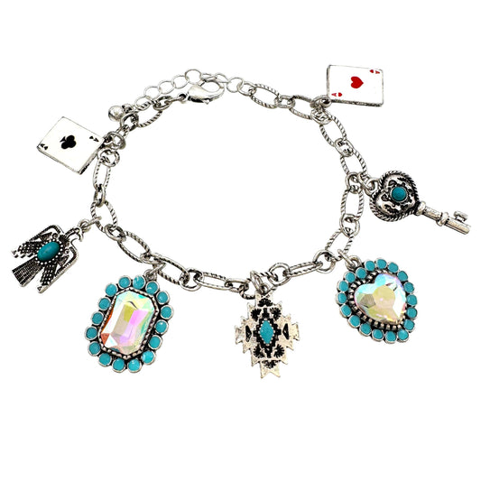 Western Turquoise Crystal with Poker Cards Metal Bracelet