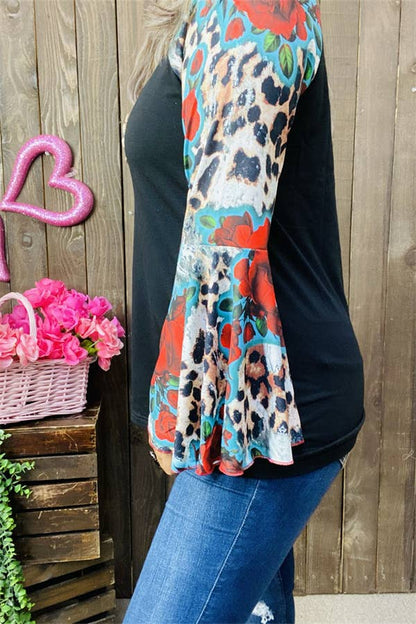 GJQ15193 Multi color printed &raglan long bell sleeve women: 3XL