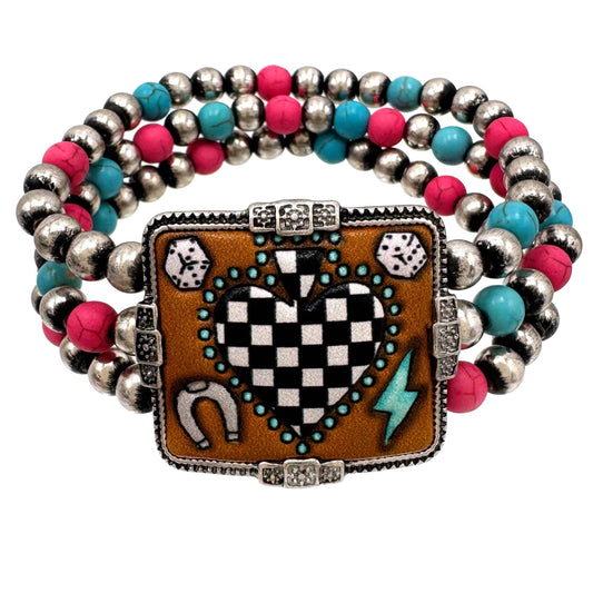 Tooled Leather Checkered Heart Dice Western Stretch Bracelet