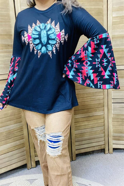 🌵💎 Boho Spirit Turquoise & Aztec Bell Sleeve Top 💎🌵- Small