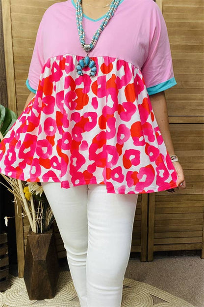 XCH14773 Pink & Circle printed color block short sleeve  : 2XL