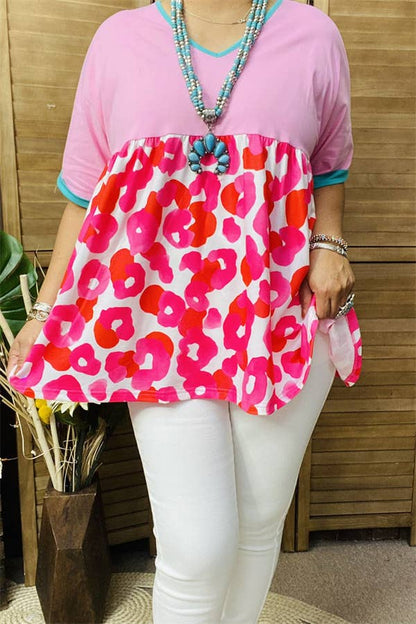 XCH14773 Pink & Circle printed color block short sleeve  : 2XL