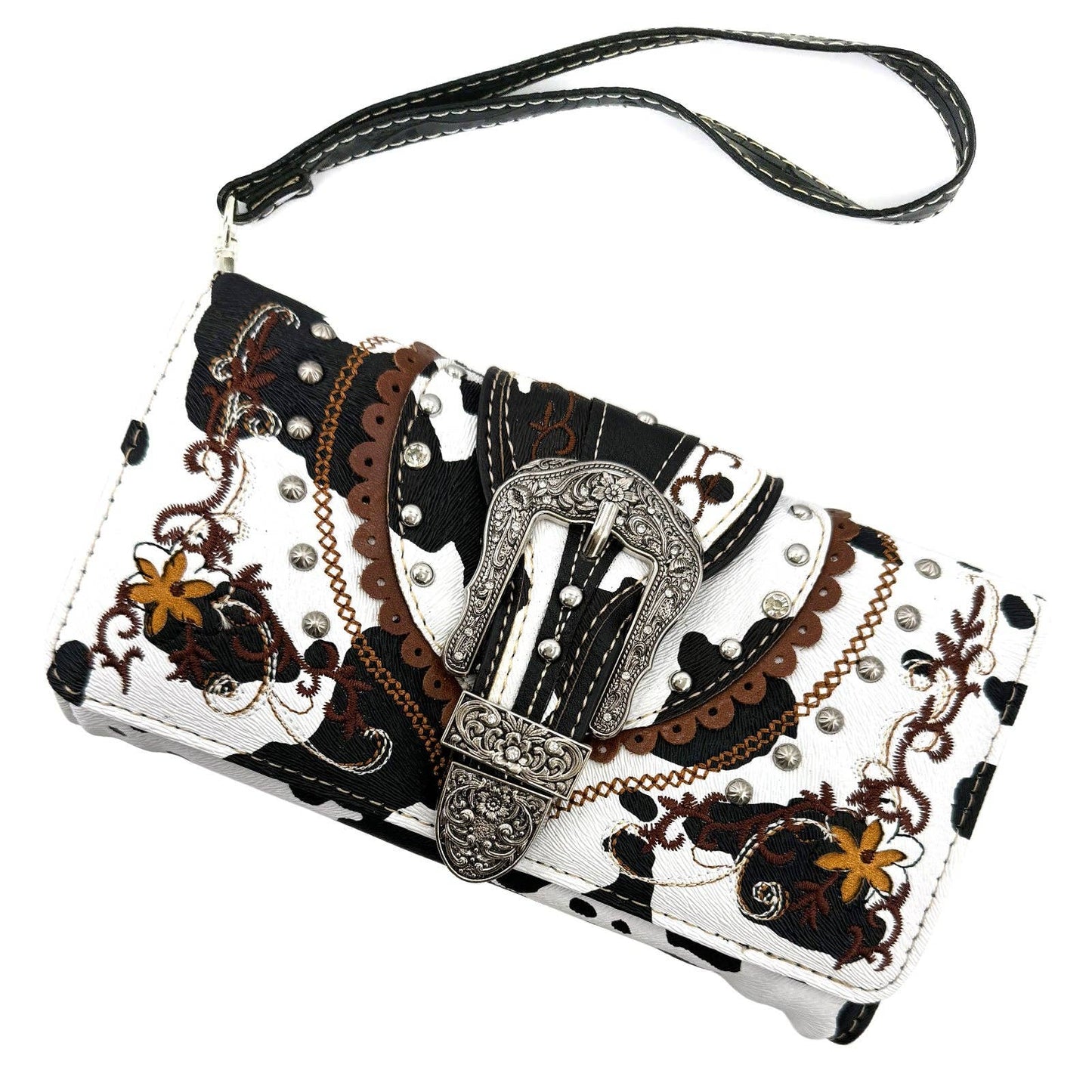 Cow Print Western Leather Buckle Crossbody Wallet: Black